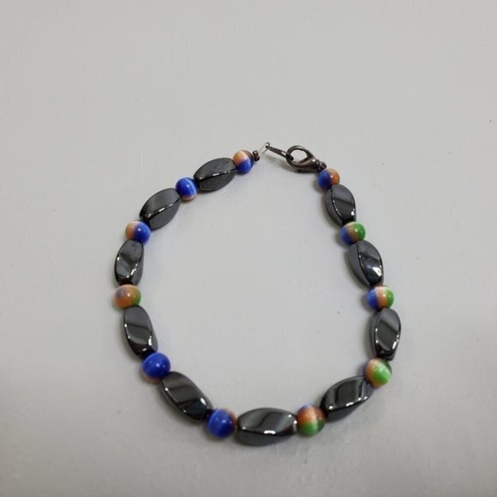 Beaded‎ Bracelet Hematite Gray Blue Orange 8 Inch W